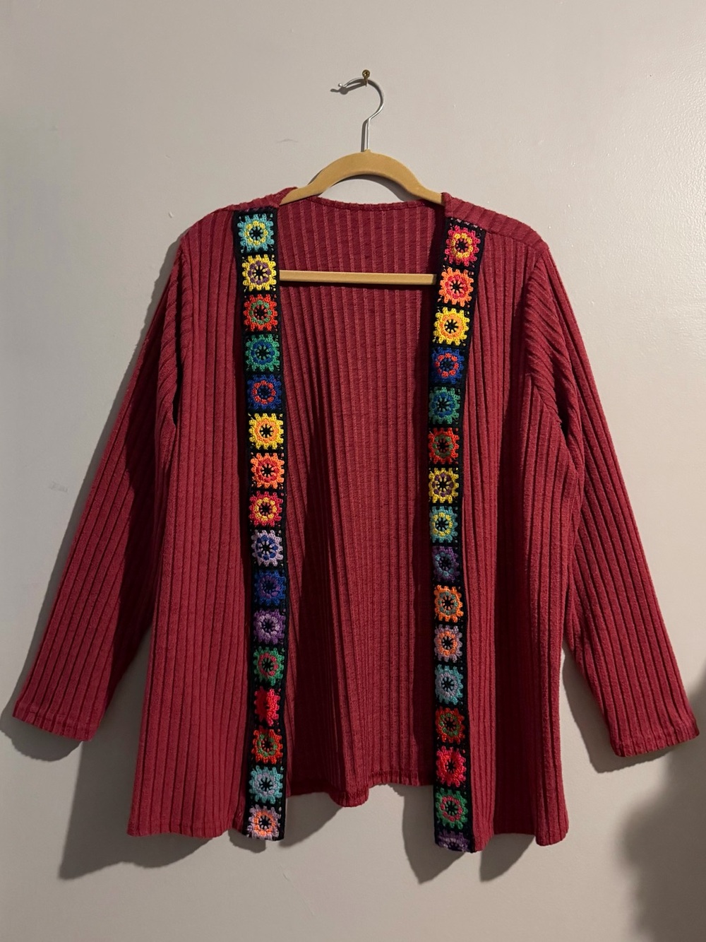 Women's Ribbed Boho Burgundy Open Cardigan with Multicolor Crochet Trim